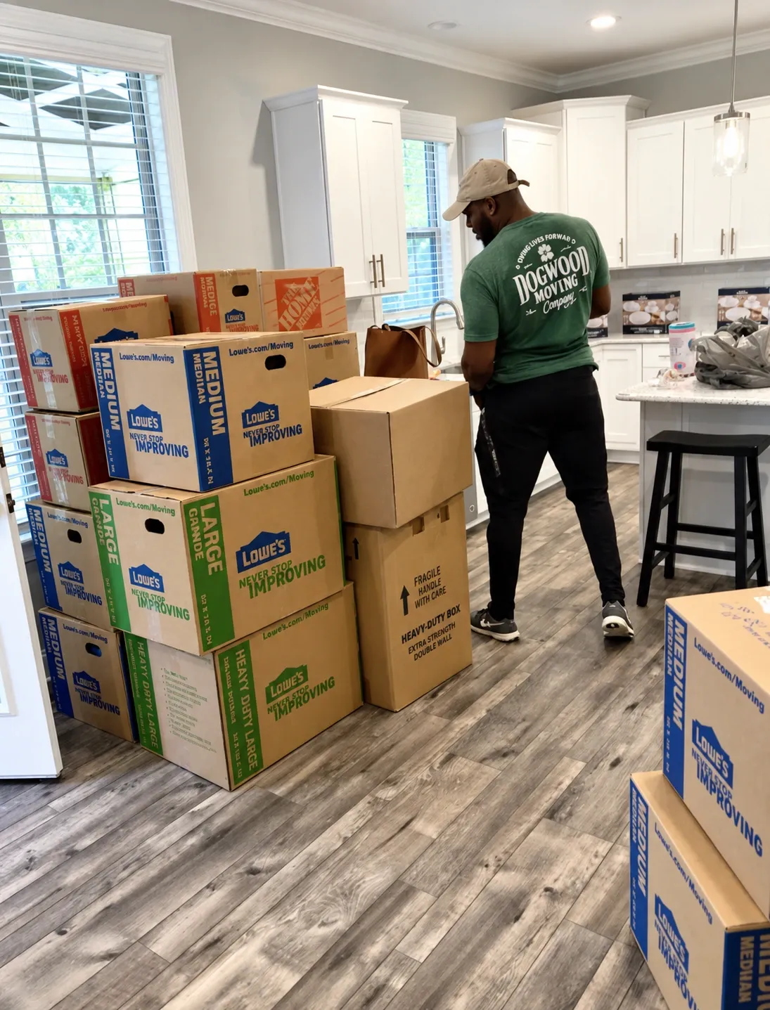 Centralizing boxes in an easy-to-reach spot helps the crew move quickly from room to room.